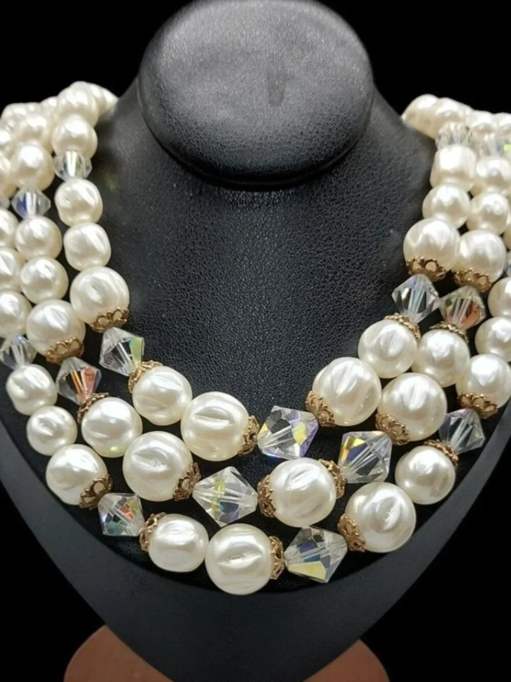 Faux Pearl Choker Multistrand Necklace Aurora Borealis Prism Spacers 16